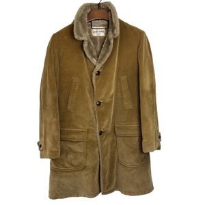 ZERO KING Vintage Brown Corduroy‎ Faux Fur Collar Long Coat Men's Size 44L Rare